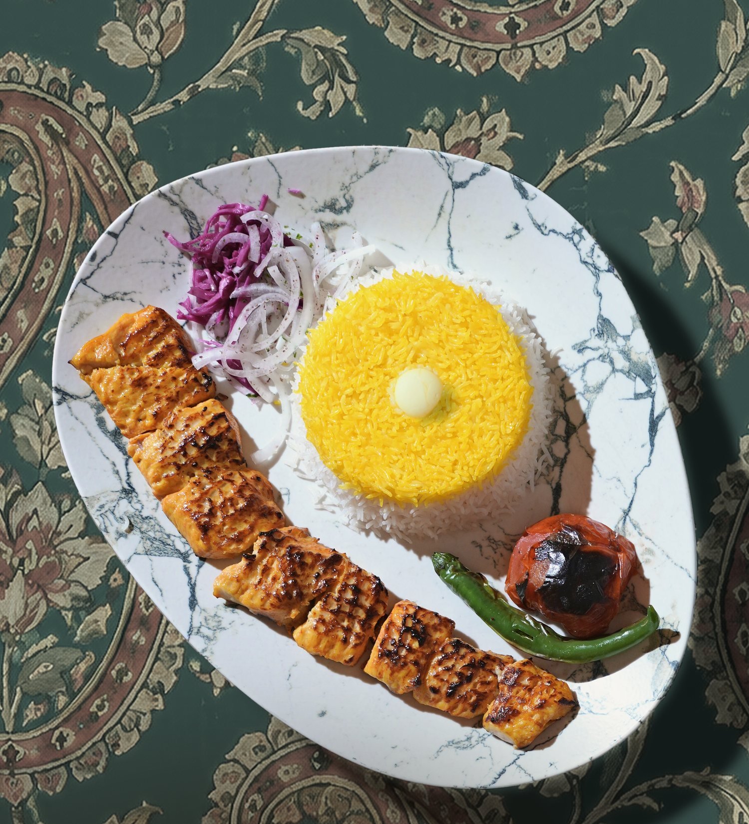 Chicken Kebab with saffron rice on green termeh