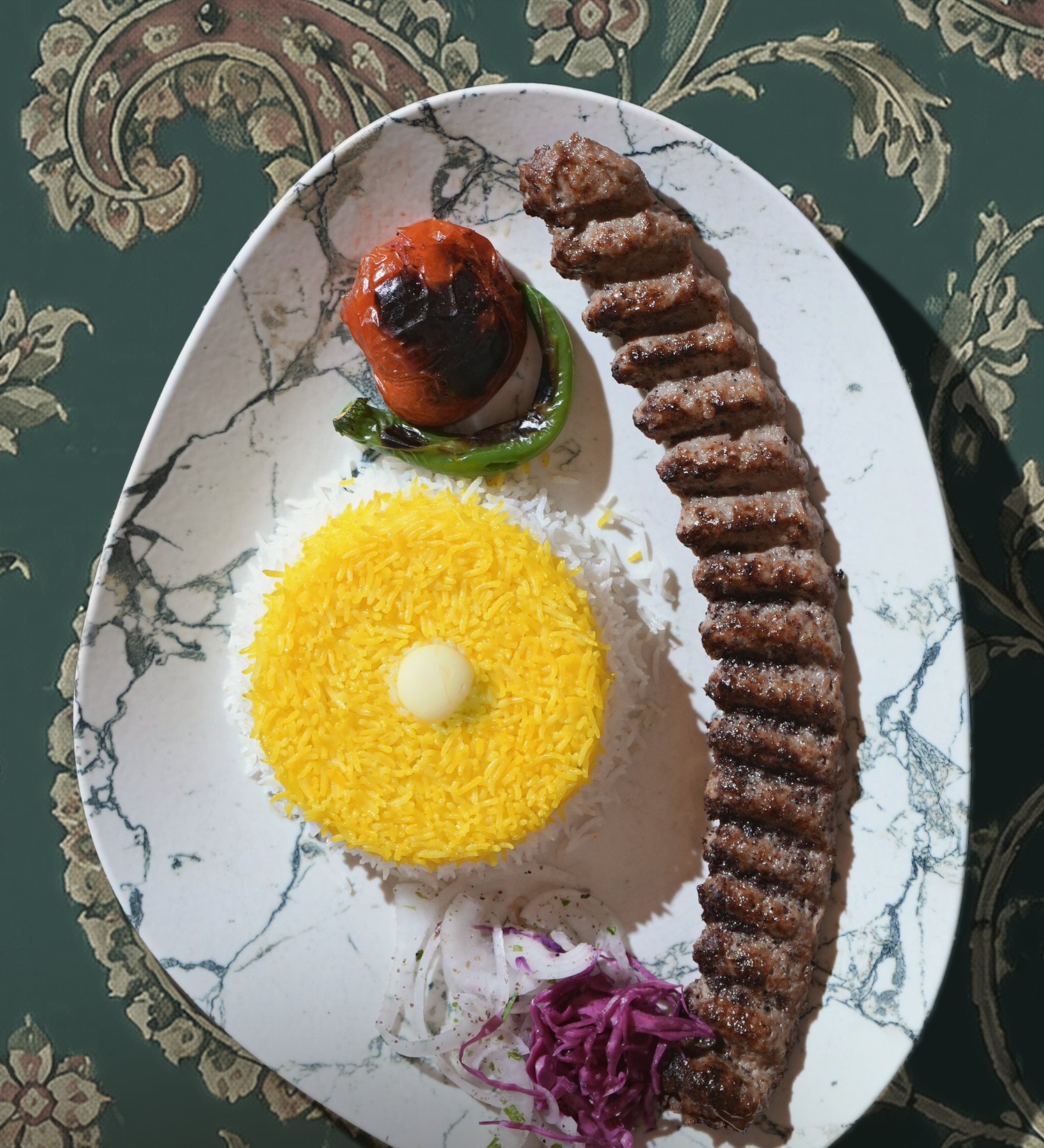 Koobideh Kebab with saffron rice on green termeh