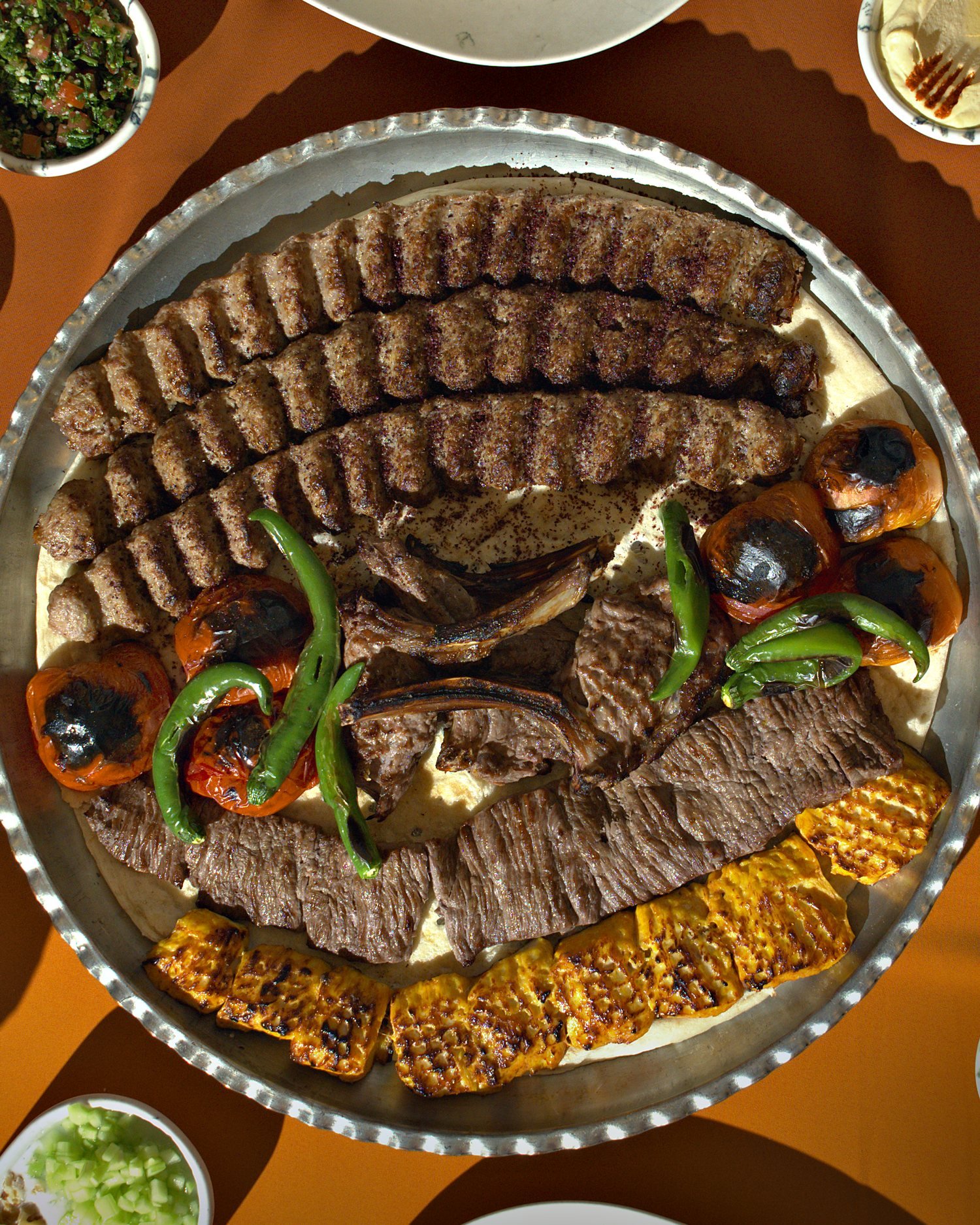 The Mixed Kebab Platter from above on the orange cloth